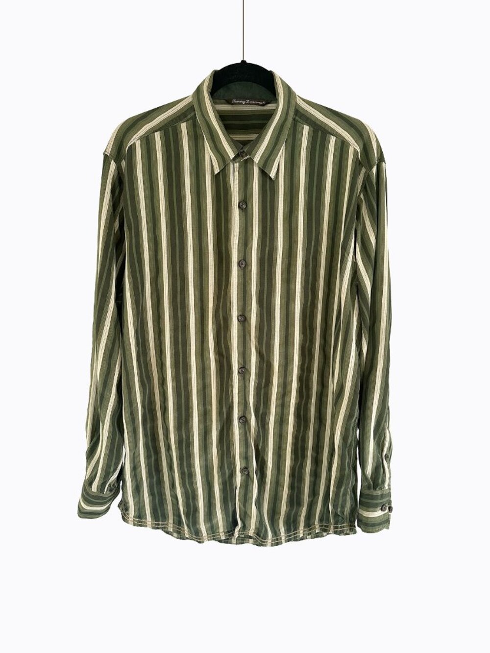Vtg Tommy Bahama Silk Wool Shirt M Olive Striped Long Sleeve Button Down 90s Y2K